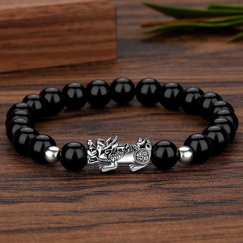 Mannen Zwart Obsidiaan Steen Boeddhisme Zes Woorden Legendarische Bixie Bead Armband Trekken Lucky Wealth Amulet Sieraden