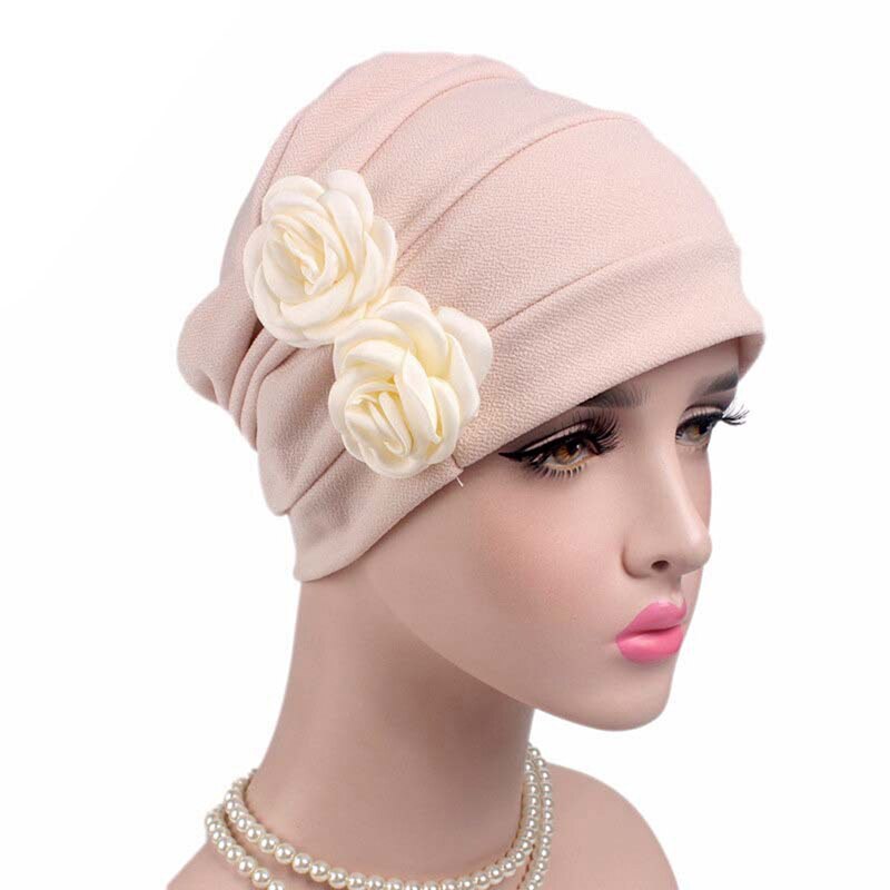 Kvinder blomst turban hat dame kræft kemo hårtab hætte hoved tørklæde wrap cover 5 farver: Cremefarvet