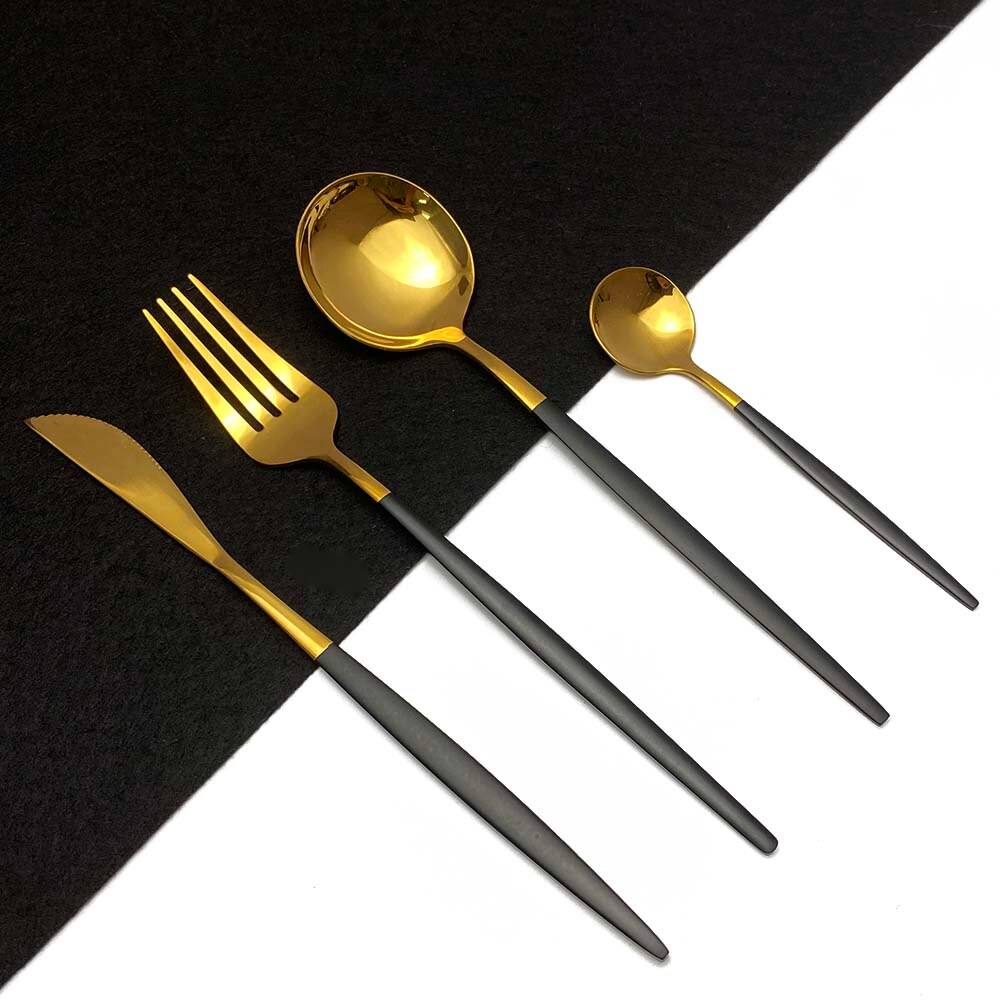 Zwart zilver 18/10 bestekset roestvrij staal 24 stuks servies steakmes theelepel feest keuken eten serviesset: Zwart goud
