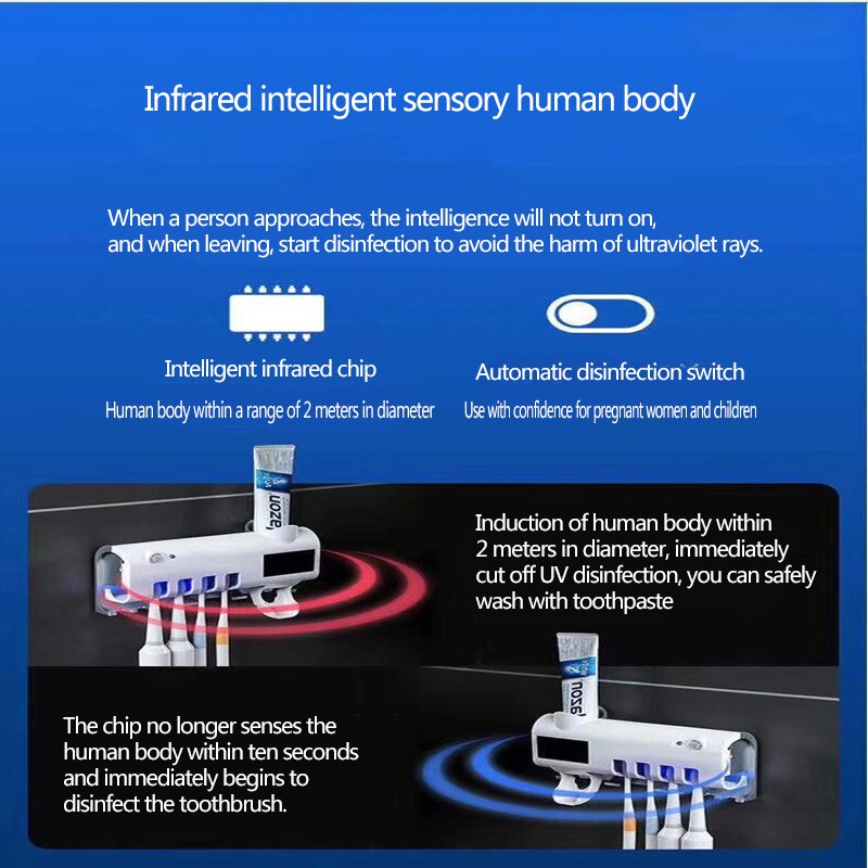 Solar Induction Electric Toothbrush Sterilizer UV Light Antibacterial Toothbrush Holder Toothpaste Dispenser Wall Mount