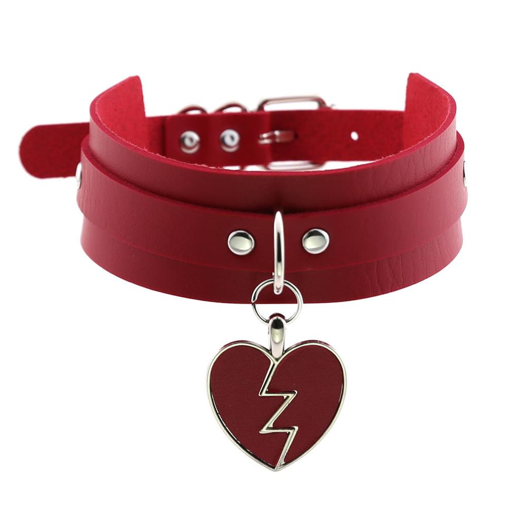 KMVEXO Punk Lightning Heart Gothic PU Leather Buckle Necklace Spike Kawaii Harajaku Chokers Harness Torques Female Jewelry: Red