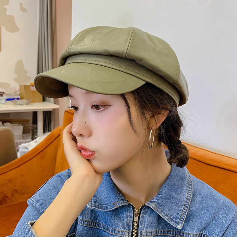 Groene Winter Achthoekige Cap Meisjes Baret Hoeden Voor Vrouwen Hoeden Krantenverkoper Cap Vrouwelijke Britse stijl PU Lederen Baretten Hoed voor straat