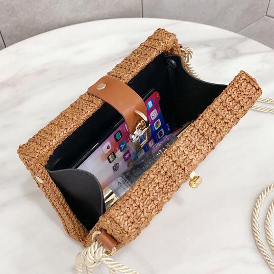 Mini box stroh tasche frauen tragen sommer rattan handtasche woven strand kreuz körper tasche weiblichen schloss handtasche mit blumen