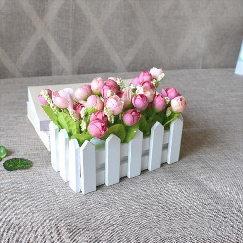 1 Set Wooden Fence Vase + Flower Rose And Daisys Silk Artificial Flowers Home Decoration Garden Decor Birthday: Rose Red