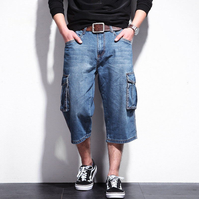 Casual herrshorts jeans herr sommar stora fickor shorts plus size denim herrkläder stor storlek  a5333: Blå / 42