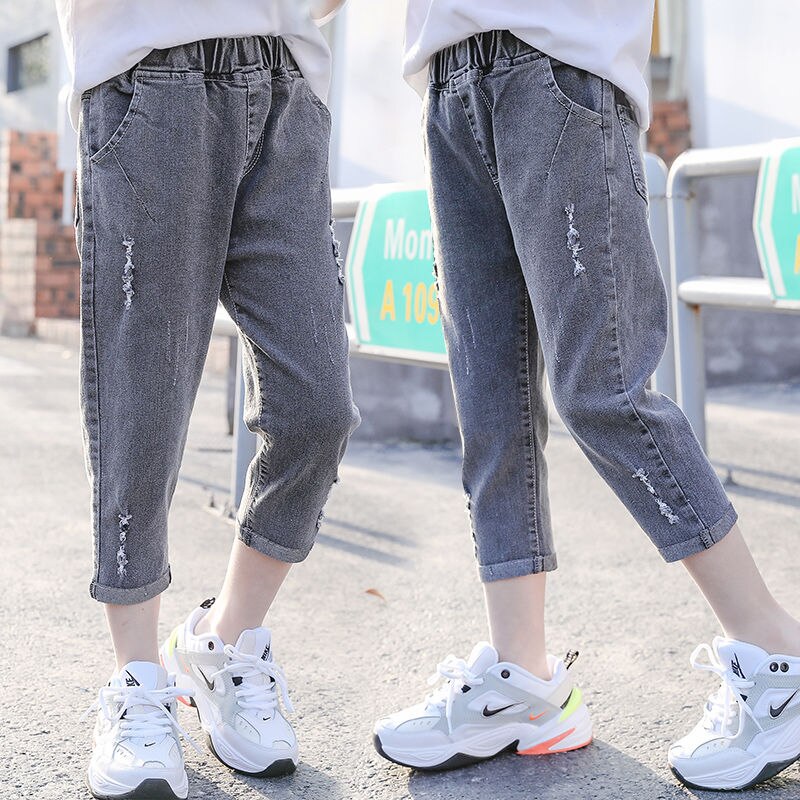 Pantalones vaqueros rasgados para niñas y adolescentes, Jeans sueltos de Color gris y azul, ropa informal con agujeros, X167, novedad de verano
