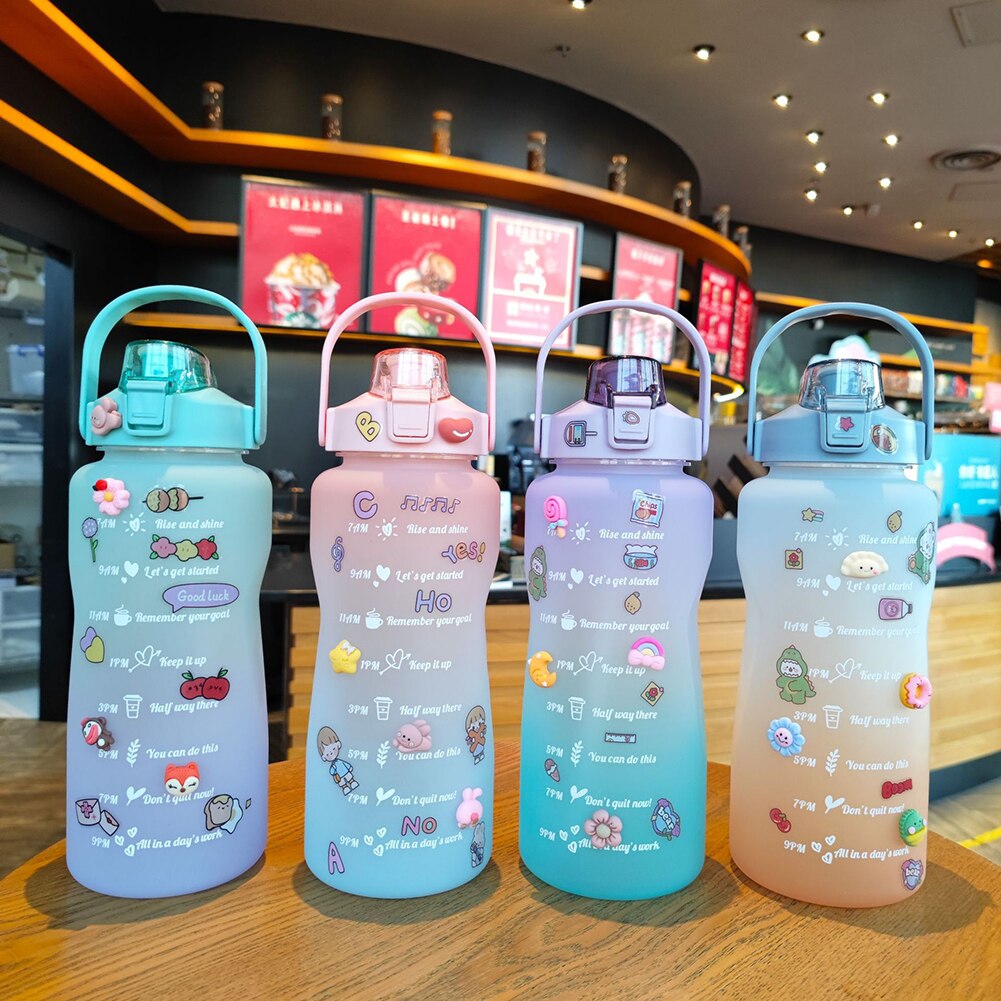 2L Draagbare Grote Capaciteit Waterfles Tijd Marker Lekvrije Bpa Frosted Cup Voor Outdoor Sport Drinken Fles met Stro