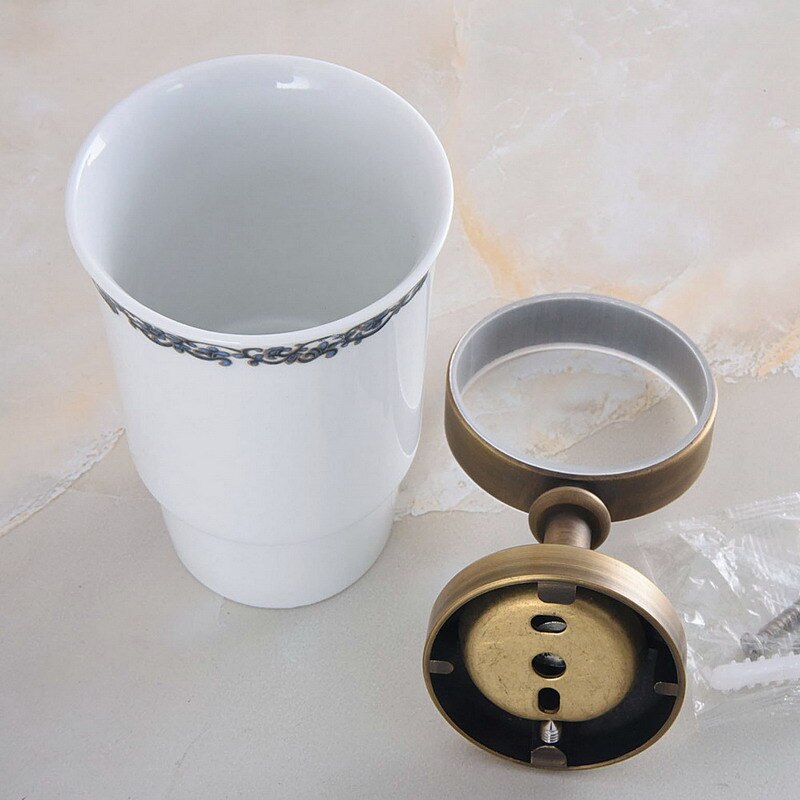 Antique Brass Single Toothbrush Holder With Ceramic Flower Cup Wall Mounted Bathroom Accessories aba744