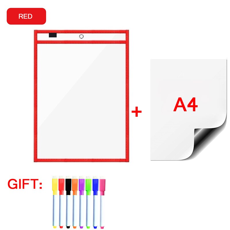 Magnetic Whiteboard Soft Dry Erase Pockets Bags Write Wipe Drawing Writing Classroom Teaching Supplies Reusable Magnet Markers: RedA48P
