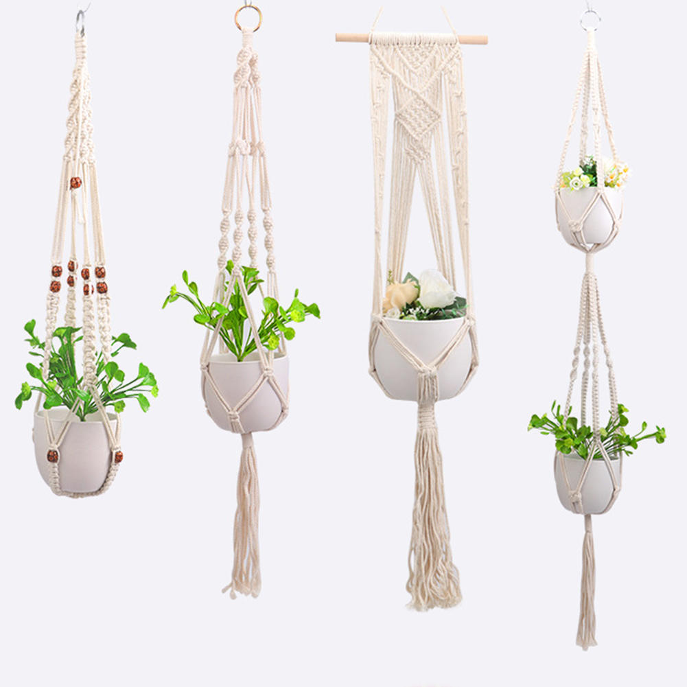 Flower Pot Net Bag Plant Hanger Handmade DIY Braided Knotted Rope Holder Home Garden Hanging Pot Basket Lanyard Decor