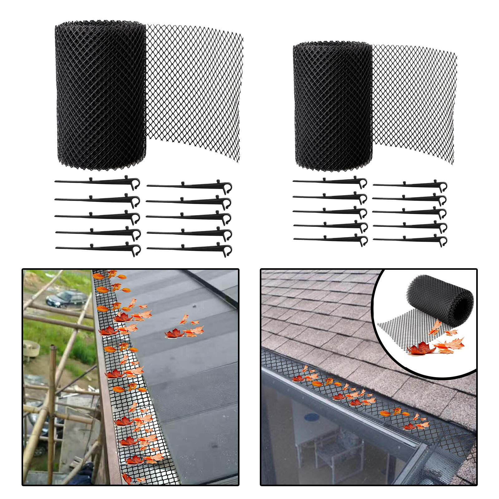 Plastic Gutter Guard Mesh, blad Bescherming Mesh Gutter Guards Roll Blad Guard Splash Dak Panelen Zwart Met 10 Vaste Haken