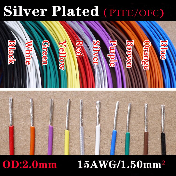 OD fil de PTFE plaqué argent 2mm | Câble d'éclairage électrique à haute température, câble d'écouteurs en cuivre chromé 200Deg