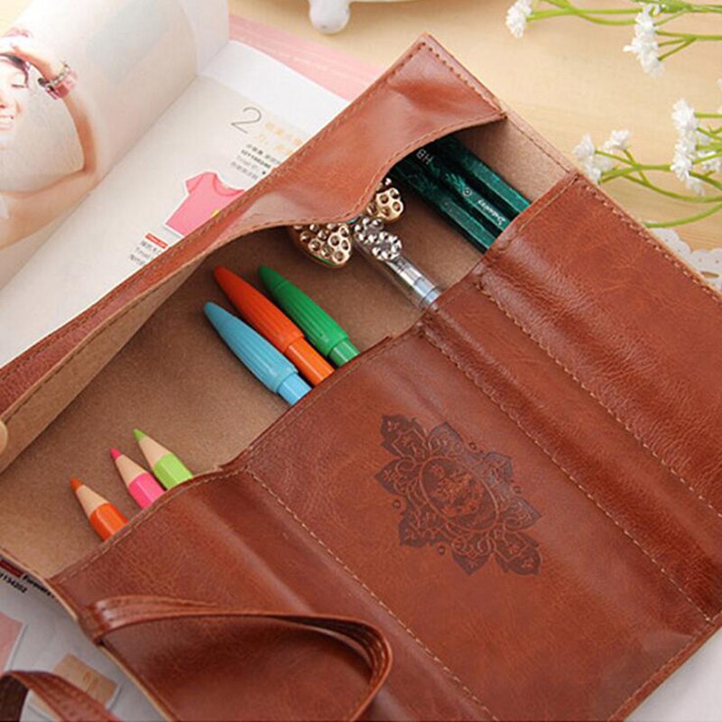 1 Uds. Estuches Retro creativos de cuero PU rollo bolsa pluma bolsillo para material de papelería bolsa de cosméticos