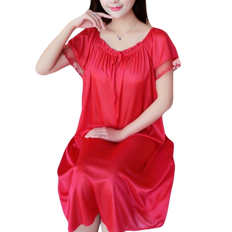 83XC Womens Summer Lace Ice Silk Nightdress Short Sleeve Loose Plus Size Nightgown XL: Red