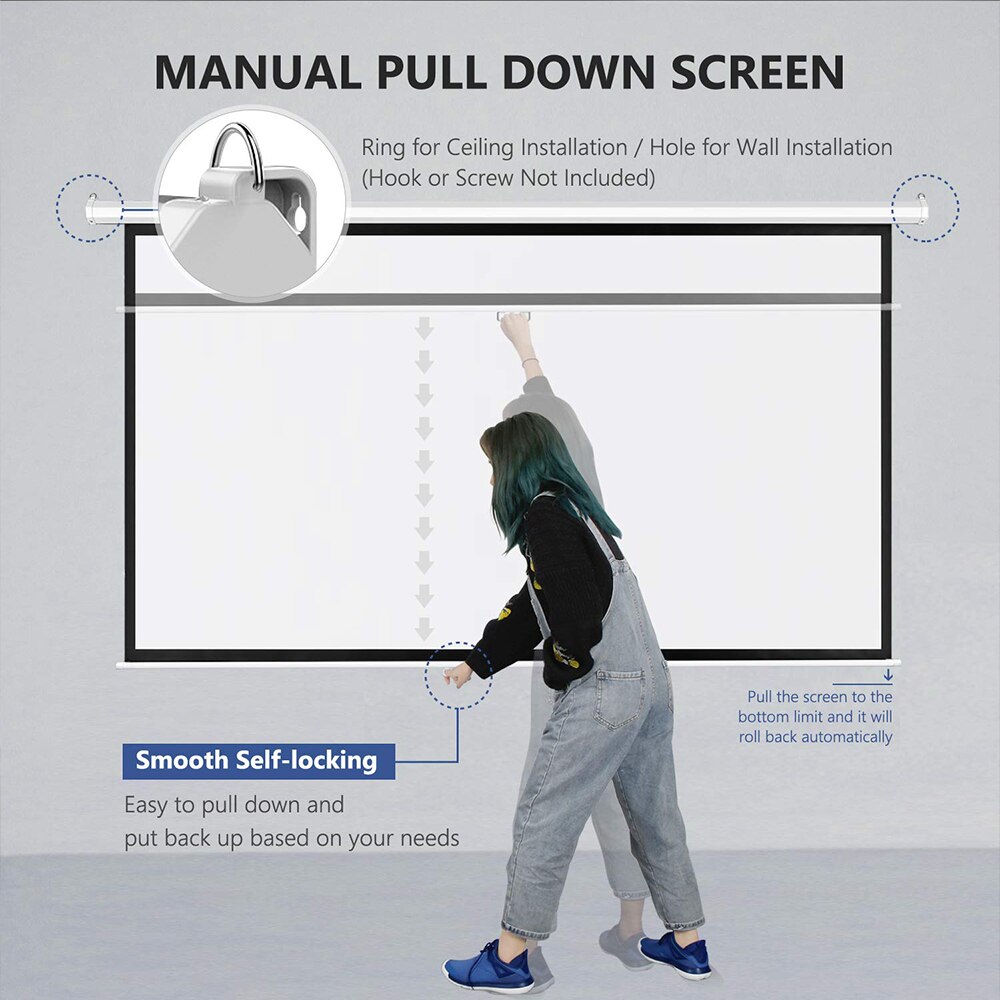 Manual Pull Down Projector Screen 60 72 84 100 Inch 4:3 Retractable Auto-Locking Matte Gray Fabric Fiber Glass Projection Screen