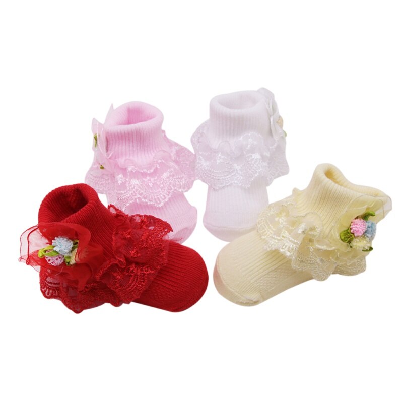 Kawaii Cute Baby Girls Cotton Sweat Absorbent Non - Slip Socks With Lace Floral Socks