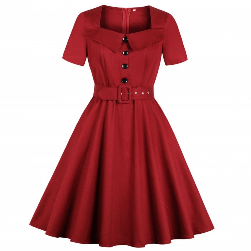 Robe trompette Vintage pour femmes, col carré, boutons, fermeture éclair, ceinture, manches courtes, grande taille, rétro élégante, robe d'extension pour filles, été,