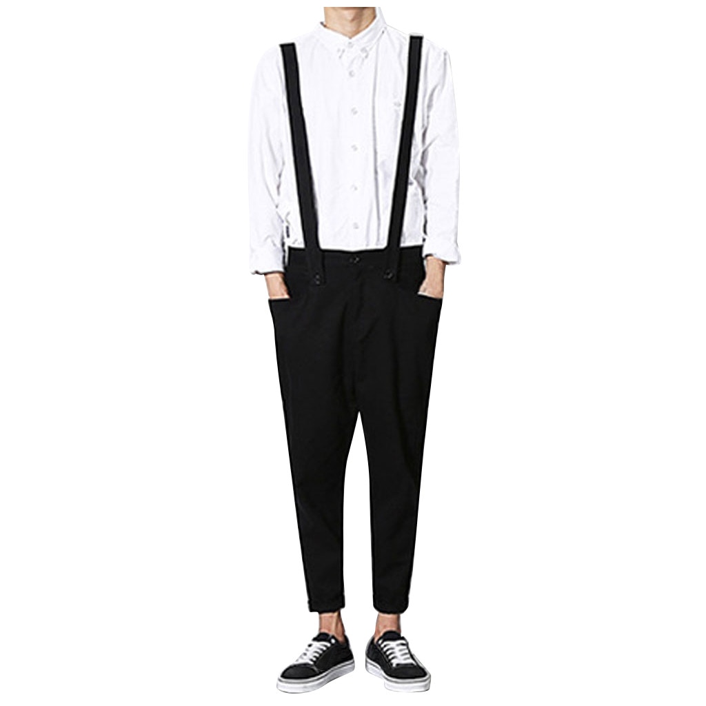JAYCOSIN Men's pants Harajuku Style Hip Hop Men Overalls man Personality Nine-cent Bib Pants Loose male Button trousers: L / Black