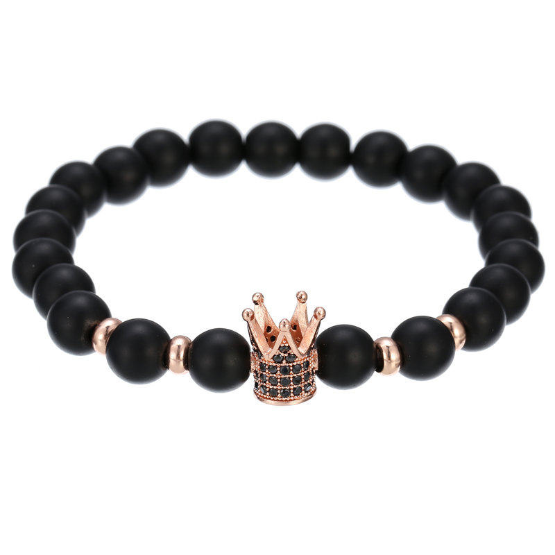 Pulsera de cobre hecha a mano para hombre y mujer, Micro CZ King crown, cuentas elásticas de 8mm, brazalete de joyería,: BA-011RG