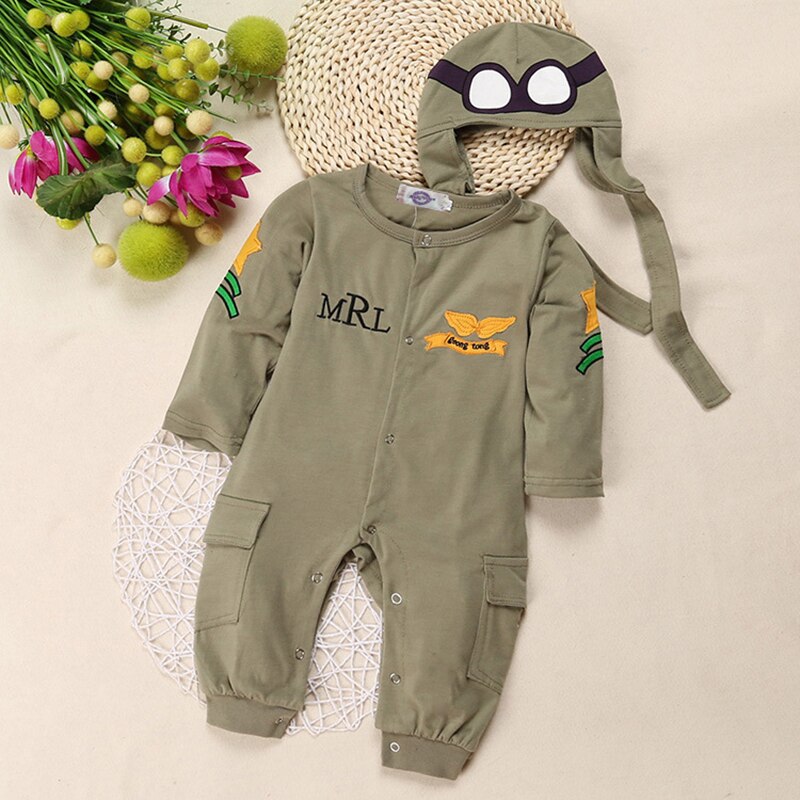 Autumn Infant Baby Boy Girl Romper Cotton Long Sleeve Army Green Jumpsuit Baby Girl Boy Clothes Newborn Toddler Outfits Hat