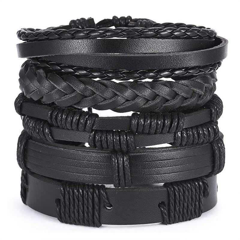 Pulseras trenzadas de cuero multicapa para hombre, brazaletes de cuerda hechos a mano, con forma de búho, hoja y estrella, para