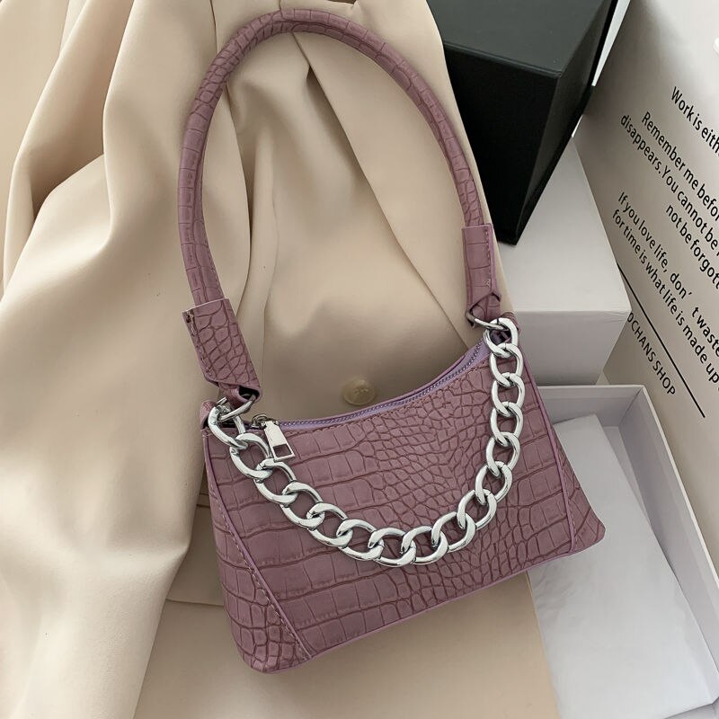 Dames oksel handtassen krokodillenpatroon pu leer dames baguette tas hoge kwaliteit clutch kleine schoudertassen: Paars