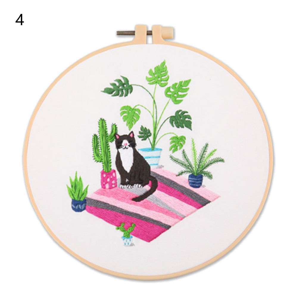 Kit de broderie motif chat noir fleur, outils de couture imprimés, Kit de couture artisanale pour débutant, broderie ronde, point de croix: 4
