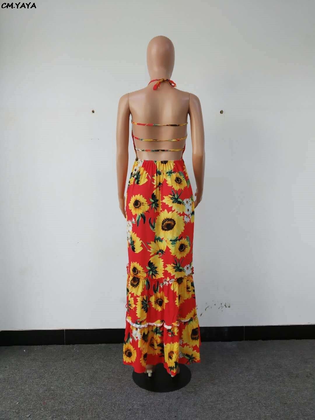 Vestido largo femenino de verano con estampado de girasol, traje largo vintage con estampado de girasol para mujer, cuello hatler, sin mangas, swing grande, vestidos largos a la , GlSMN3087,