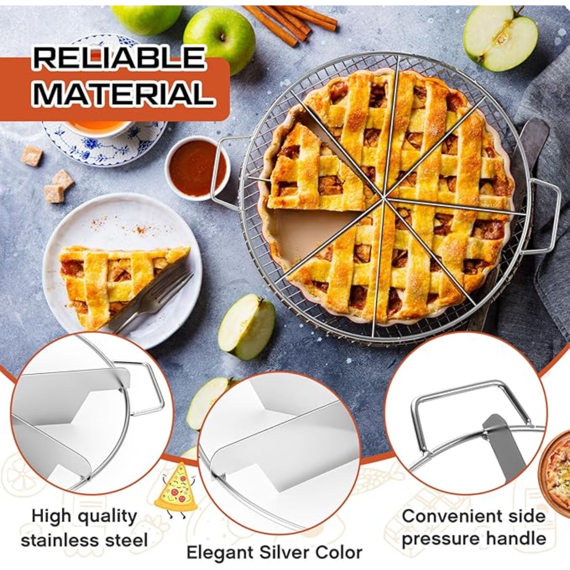 Kakeskjærer i rustfritt stål, pizzaskjærer, paiskutter, 6/7/8- skåret, like deler, kakedeler med håndtak, pizzaskjærer til bakverk og ost