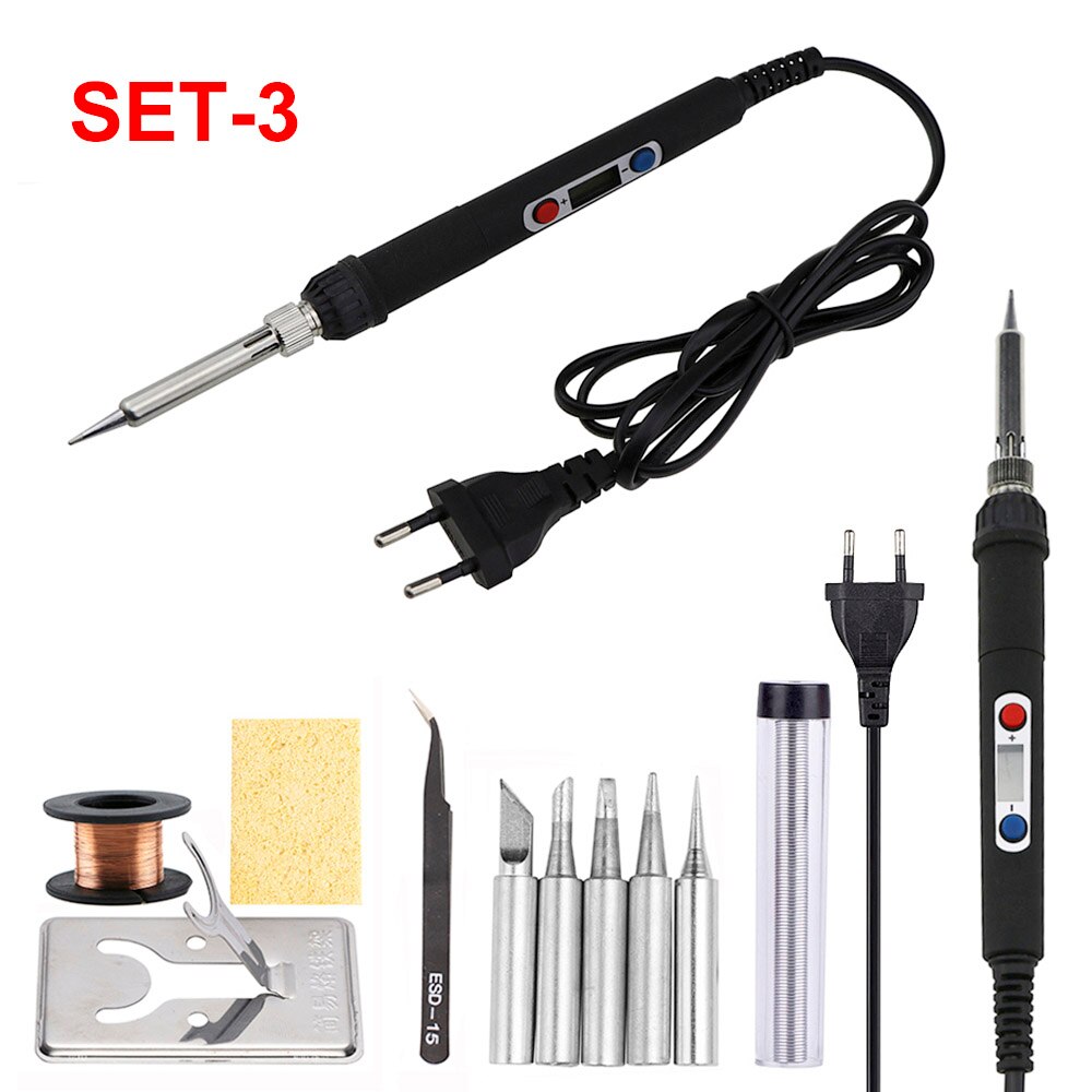 60W Solder Iron LCD Digital Display Adjustable Temperature Electric Soldering Iron 220V Welding Rework Repair Tools EU Plug: 110V US Plug / SET-3
