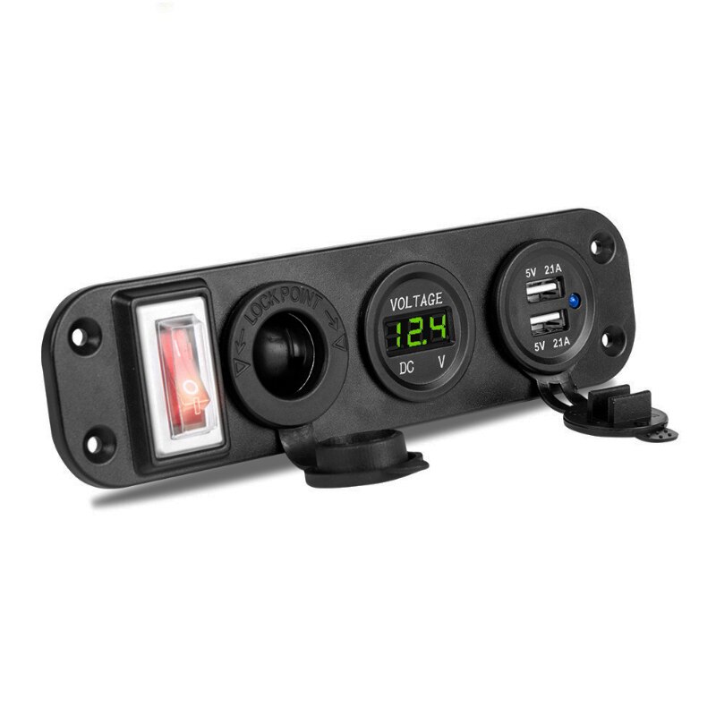 5V 2.1A + 2.1A Dubbele USB Autolader 12V 24V LED Display Digitale Voltmeter Sigarettenaansteker Power outlet Schakelaar Paneel: green 4 in 1
