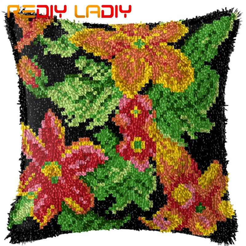Klink Haak Kussen Kleurrijke Bloemen Kussensloop Pre-Gedrukt Kleur Canvas Acryl Garen Latched Haak Kussen Gehaakte Kussenhoes: BZ787