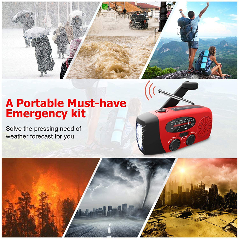 Radio portatile a manovella di emergenza AM/FM/NOAA multifunzionale Radio meteorologica Power Bank Ricarica solare con torcia a LED