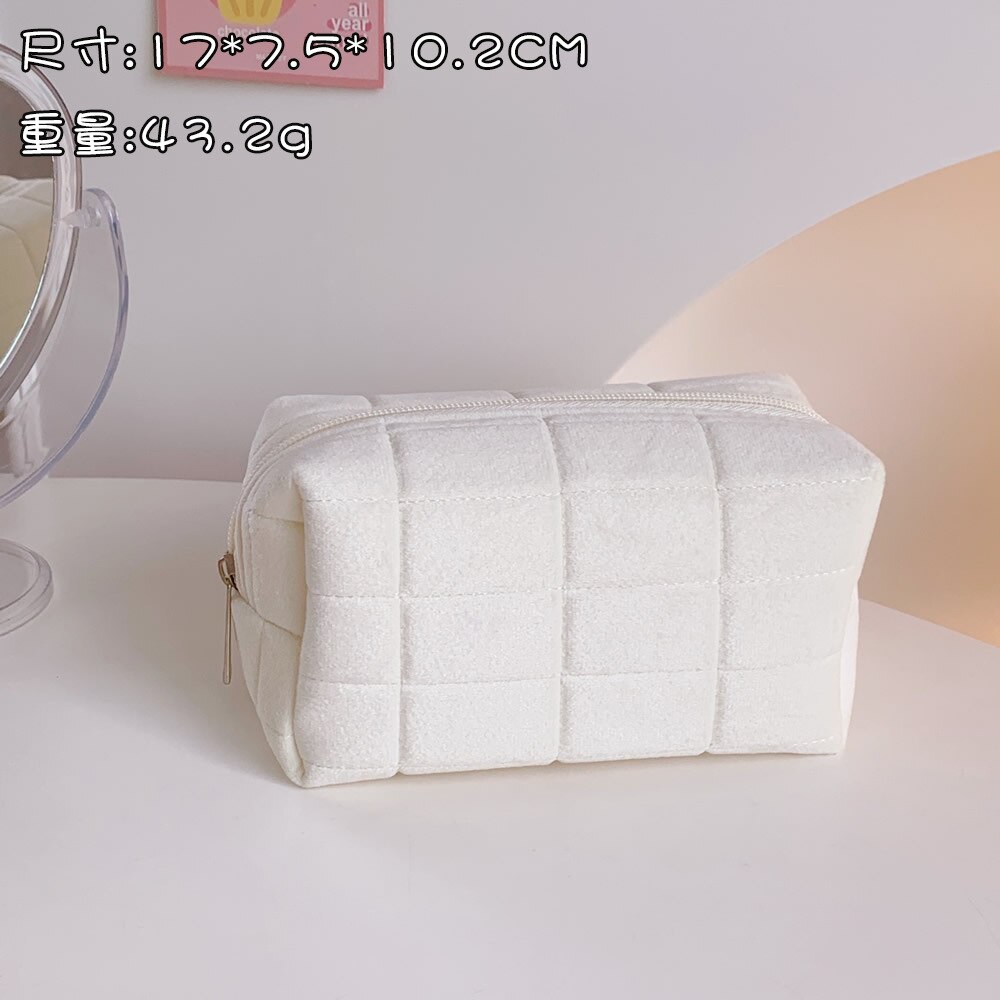 Neceser de viaje de terciopelo con cremallera para mujer, bolsa de aseo para maquillaje, bonita, de Color sólido: White