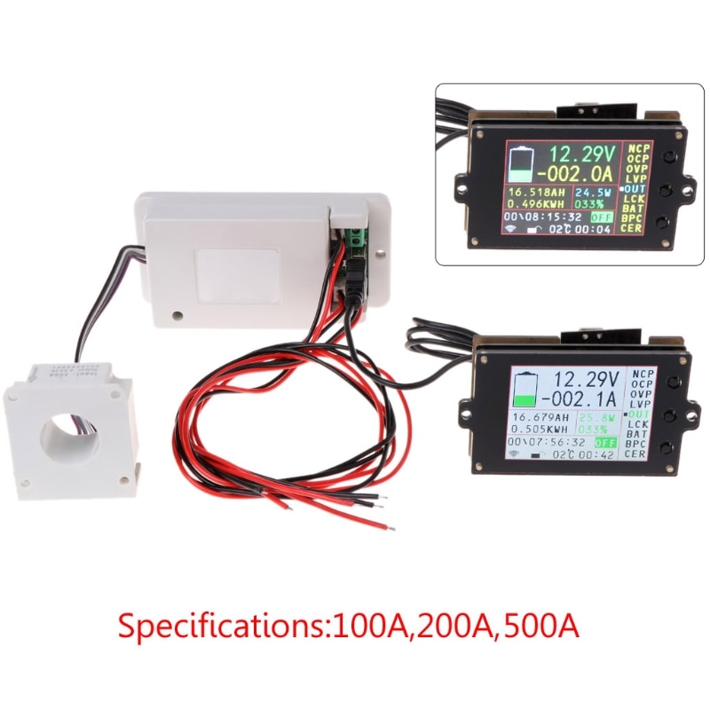 DC 500V 100A 200A 500A Wireless Voltmeter Ammeter Coulometer Battery Power Meter 2.4&#39;&#39; TFT LCD Display Voltage Current Meter