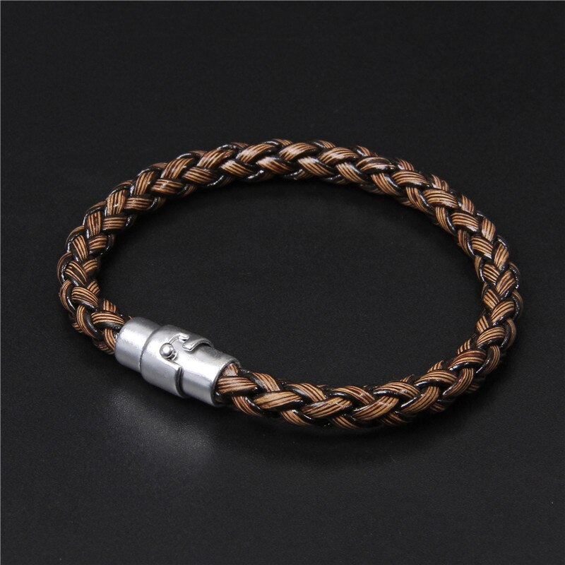Bracelet tressé en bambou brun pour hommes, bijoux en acier inoxydable, fait à la main, avec boucle magnétique, Bracelet à breloques, pour hommes