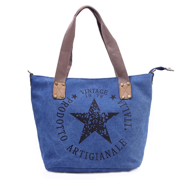 canvas women shoulder bag Large capacity casual Tote Pentagram printing handbags vintage style women bag: Blue