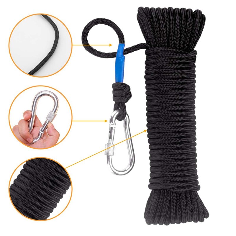 Visnettouw 20 meter, zwaar touw met veilige vergrendeling, diameter 8mm nylon touw veilig en duurzaam zwart