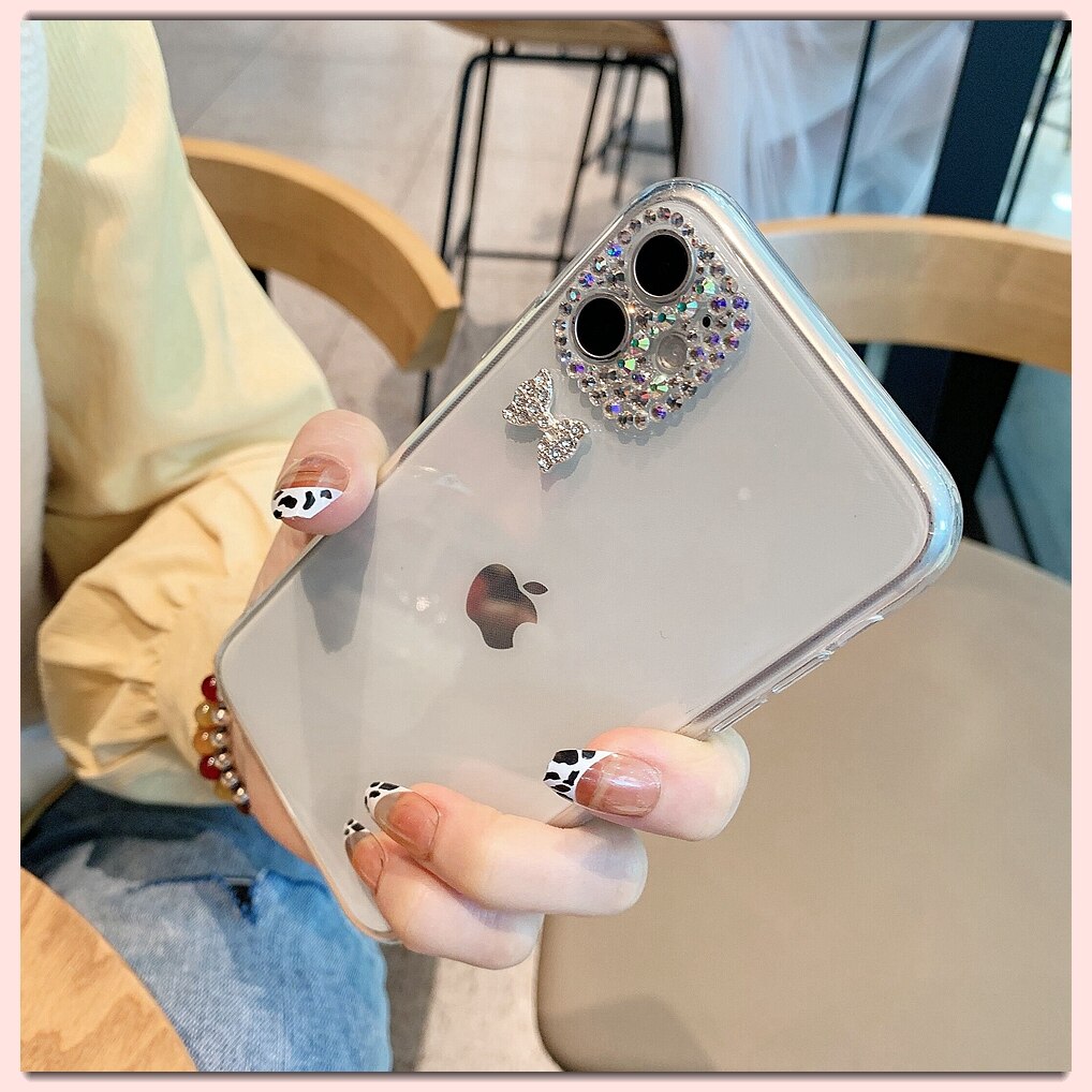 Coque de Protection transparente en TPU pour iPhone, compatible modèles 11, 12 Pro Max, X, XR, XS, 7, 8 Plus, 12 Mini coque avec caméra diamant et papillon