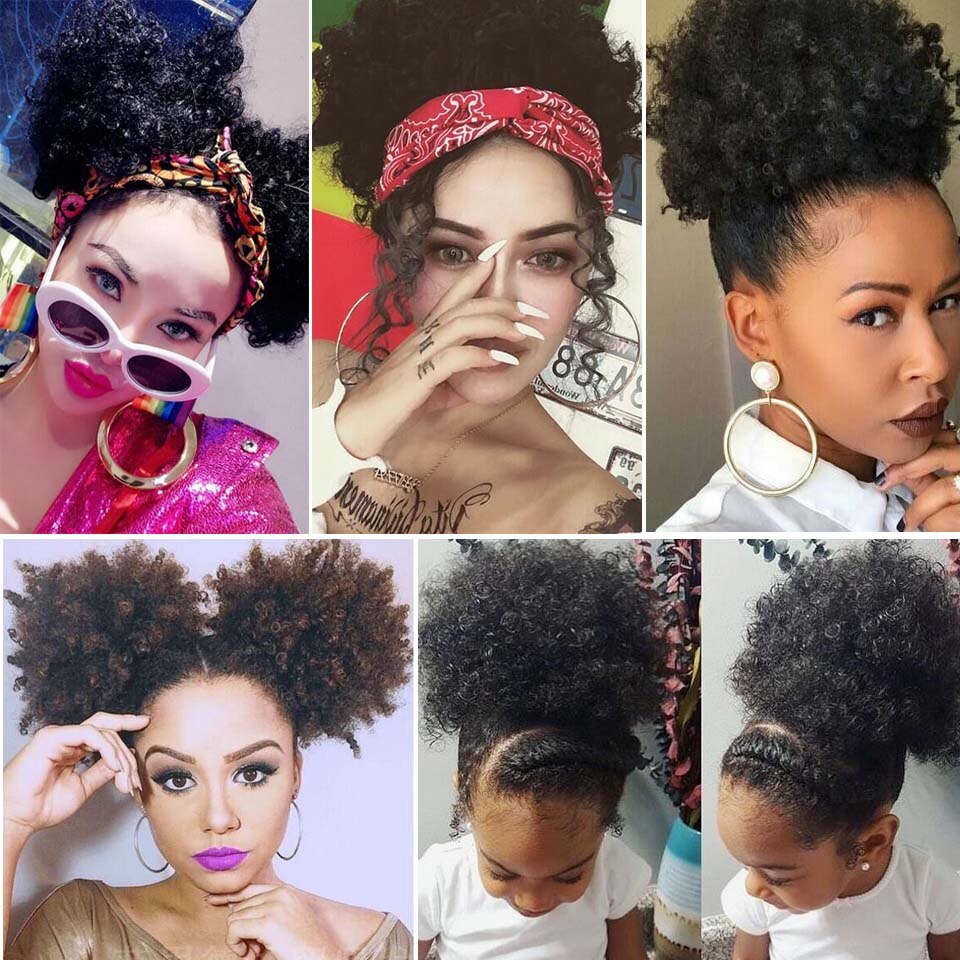 Extension chignon cheveux crépus, postiche synthétique afro, coiffure boule frisée, fixation par clips, 8 pouces