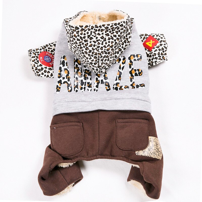 Ropa para mascotas para perros Yorkshire Chihuahua, mono cálido de invierno, chaqueta con capucha, mono con estampado de leopardo