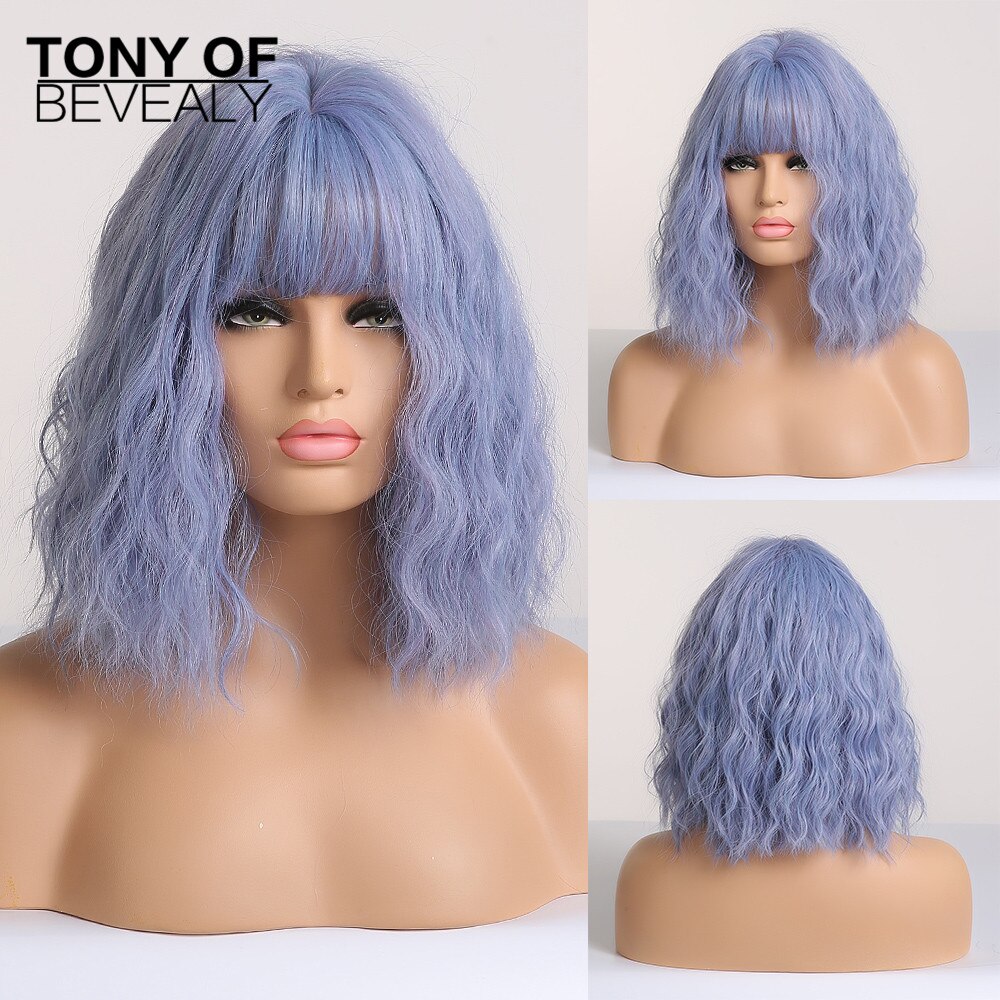 Short Wavy Bob Wigs With Bangs for Womens Cosplay Blonde Natural Hair Wigs Female Synthetic Heat Resistant Fiber