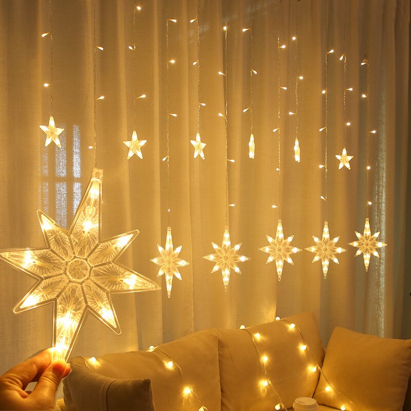 2.5m led nordstjerne gardin lys 220v eu julekrans string fe lys udendørs til vindue bryllup fest år indretning