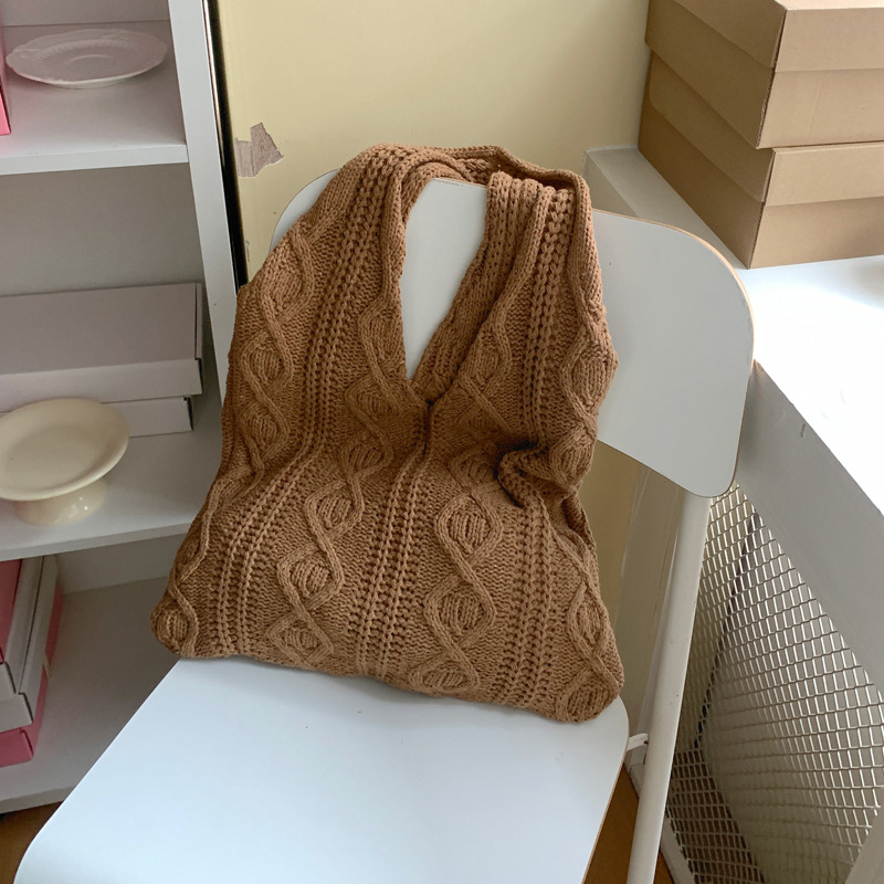 Bolso tipo shopper de hombro tejido de lana para mujer, bolso de compras Vintage de tela de algodón para niñas, bolso grande para mujer, bolso de ganchillo: Azul