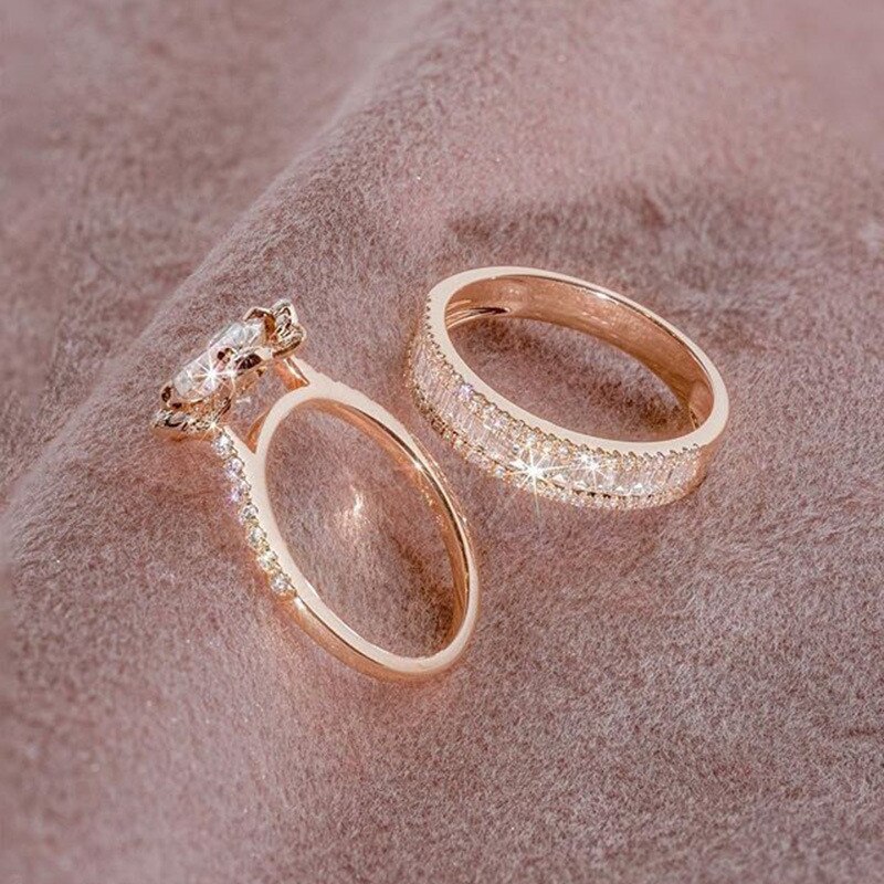 Luxe Vrouwelijke 925 Zilveren Kristallen Zirkoon Ring Set Vintage Rose Gouden Trouwringen Voor Vrouwen Bloem Bridal Engagement Ring