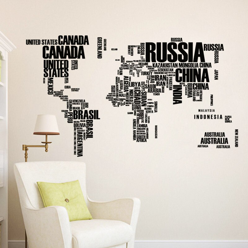 Sort verden rejsekort aftagelige bogstaver wallstickers stue boligdekoration pvc decal vægmaleri kunst diy wallsticker