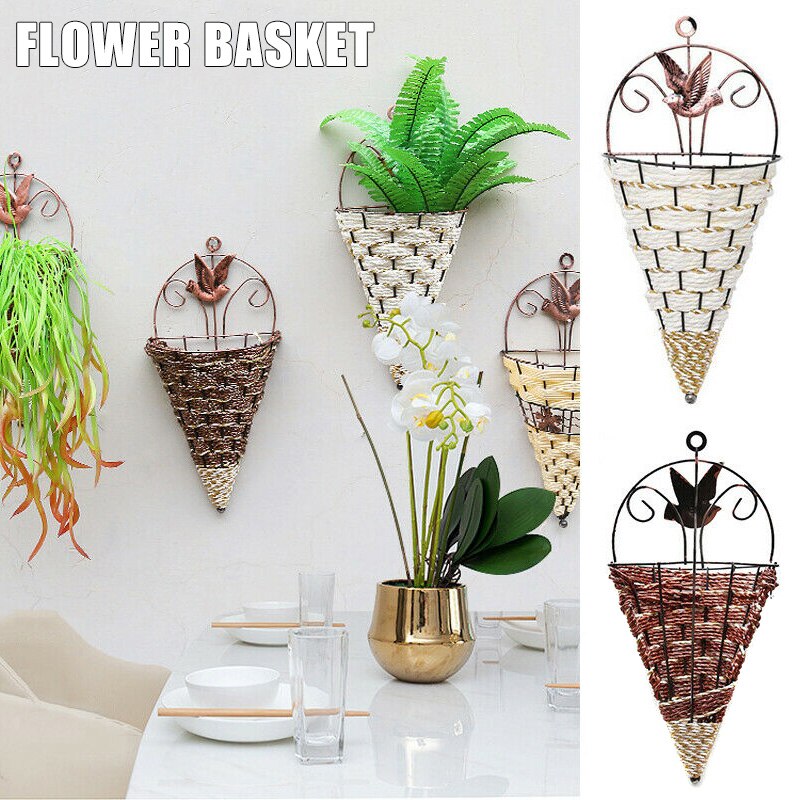Rattan cone-shaped flower basket wall-mounted hand-woven country style for home garden decoration RT99