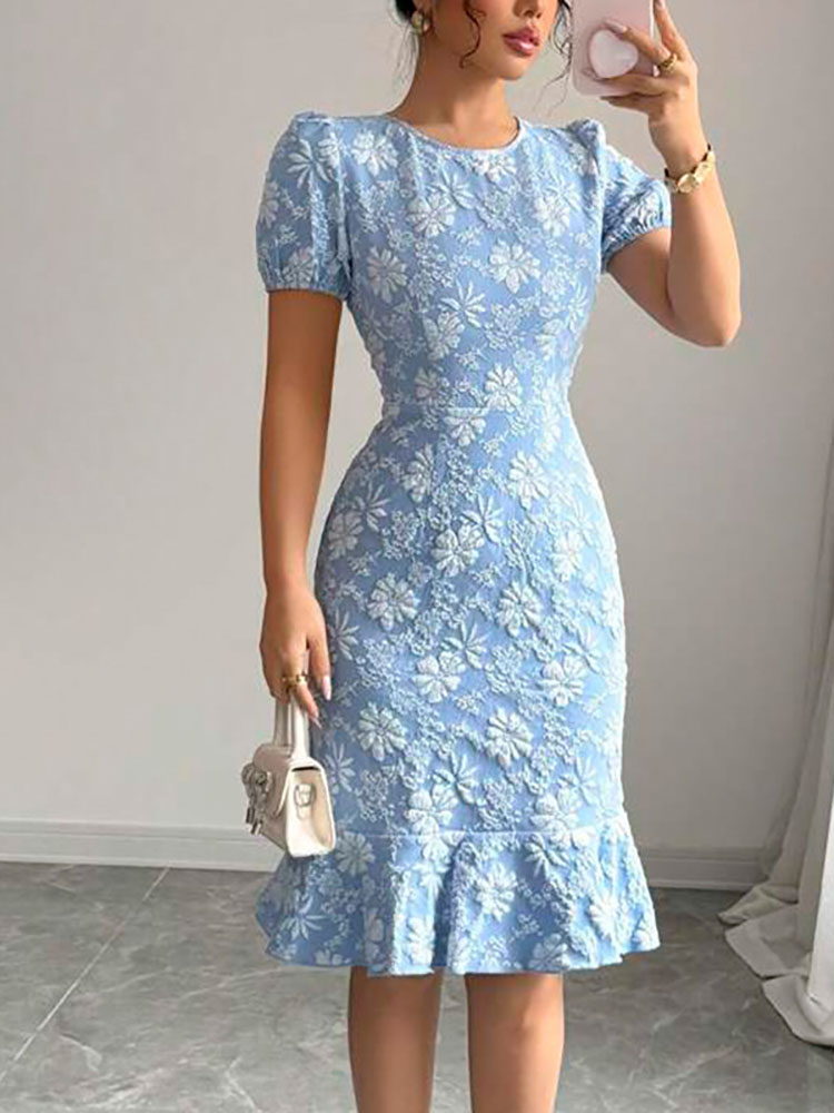 Summer Women's Dress Lantern Sleeve Hook Flower Dress, Summer Women's Clothing, Blue Dress, Women's Dress