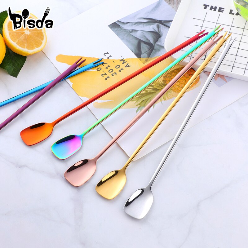 Cuillère à glace en acier inoxydable, cuillère à mélanger, Long ustensile à Cocktail fourchettes à fruits remuer outil à vin 1 pièce