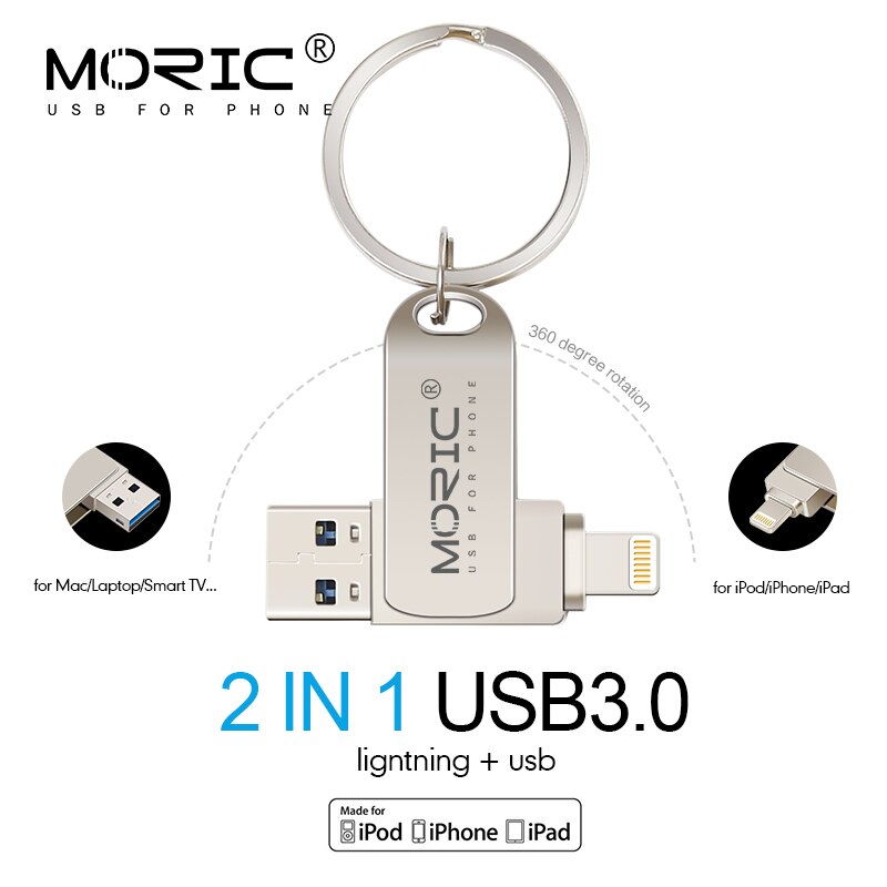 Moric – clé USB 3.0 à fermeture éclair, support à mémoire de 32GB 64GB 128GB, lecteur Flash en métal pour iPhone 8 et 7 Plus, compatible avec ios 10